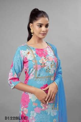 Blue Color Floral Printed Fancy Kurti Pant With Dupatta