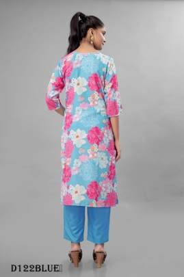 Blue Color Floral Printed Fancy Kurti Pant With Dupatta