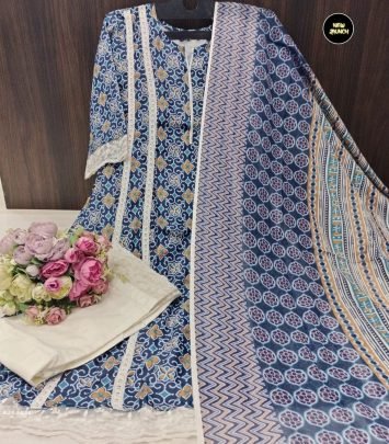 Blue color Rayon With Exclusive Print Pakistani A line Muslin Silk Suit