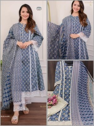 Blue color Rayon With Exclusive Print Pakistani A line Muslin Silk Suit