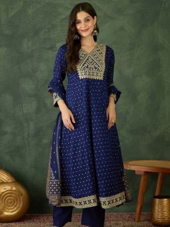 Blue Colour Vichitra Silk Kurti Pant Dupatta