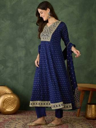 Blue Colour Vichitra Silk Kurti Pant Dupatta