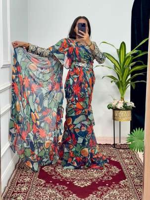 Blue Digital Printed Ready To Wear Georgette Ruffle Saree