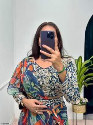 Blue Digital Printed Ready To Wear Georgette Ruffle Saree