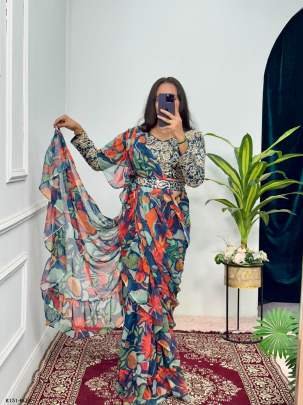 Blue Digital Printed Ready To Wear Georgette Ruffle Saree