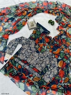 Blue Digital Printed Ready To Wear Georgette Ruffle Saree