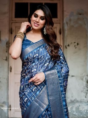 Blue Digital Printed Rich Pallu Pure Silk Saree With Dual Tone Tassels