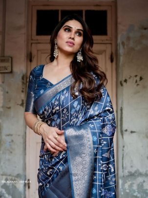 Blue Digital Printed Rich Pallu Pure Silk Saree With Dual Tone Tassels