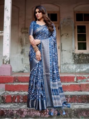 Blue Digital Printed Rich Pallu Pure Silk Saree With Dual Tone Tassels