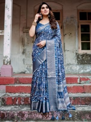 Blue Digital Printed Rich Pallu Pure Silk Saree With Dual Tone Tassels