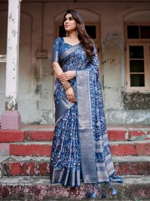 Blue Digital Printed Rich Pallu Pure Silk Saree With Dual Tone Tassels