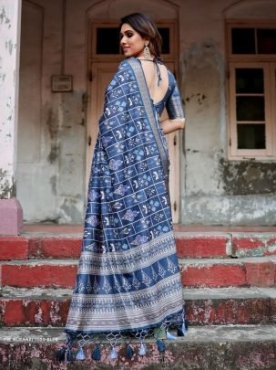 Blue Digital Printed Rich Pallu Pure Silk Saree With Dual Tone Tassels