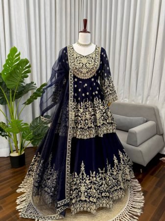 Blue Faux Georgette Lehenga Set with Heavy Dori And Sequence Work