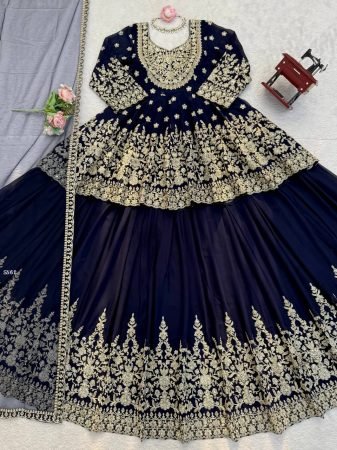 Blue Faux Georgette Lehenga Set with Heavy Dori And Sequence Work