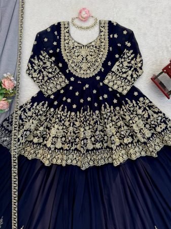 Blue Faux Georgette Lehenga Set with Heavy Dori And Sequence Work