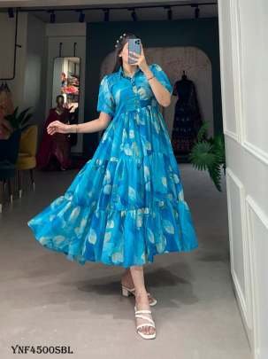 Blue Floral Printed Chiffon Western Frock