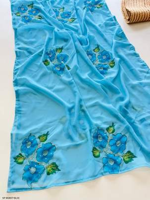 Blue Flower Heavy Handwork Soft Georgette Saree