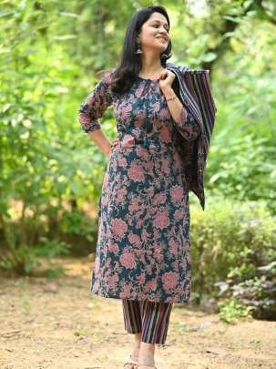 Blue Flower Printed Pure Cotton Kurtis With Stipe Printed Koti