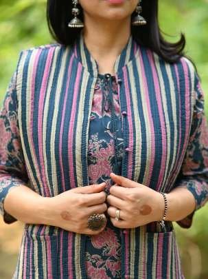 Blue Flower Printed Pure Cotton Kurtis With Stipe Printed Koti