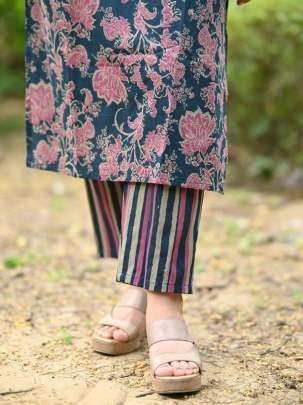 Blue Flower Printed Pure Cotton Kurtis With Stipe Printed Koti
