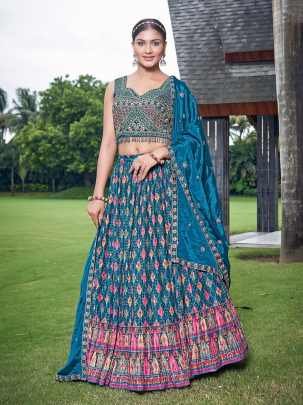 Blue Hand Work Digital Printed Lehenga Choli for DJ 