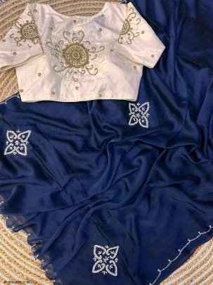 Blue Handcrafted Malai Silk Saree With Handwork Stitched Blouse