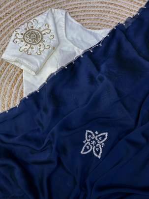 Blue Handcrafted Malai Silk Saree With Handwork Stitched Blouse