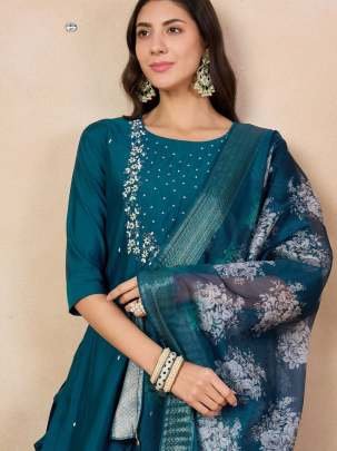 Blue HandWork Kurti Pant Dupatta Set