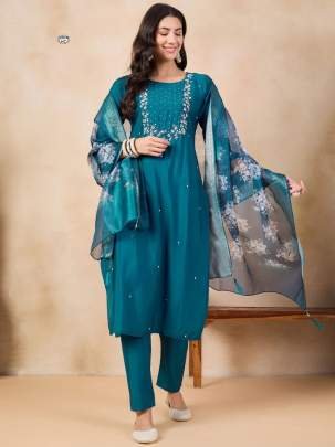 Blue HandWork Kurti Pant Dupatta Set