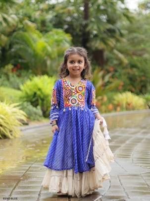Blue Kids Girls Navratri Collection Kora Cotton Lehenga Choli