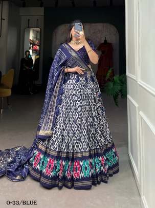 Blue Tussar Silk Ikkat Print Lehenga Choli With Foil Work