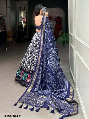Blue Tussar Silk Ikkat Print Lehenga Choli With Foil Work