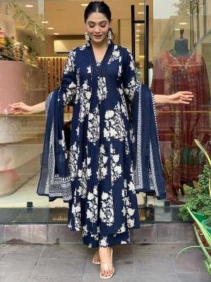 Blue New Launching Beautiful Pure Cotton Three Piece Suits Set