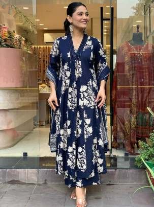 Blue New Launching Beautiful Pure Cotton Three Piece Suits Set