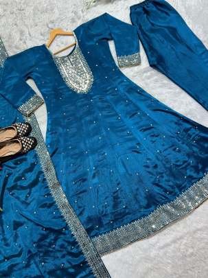 Blue Party Wear Chinon Silk Readymade Gown