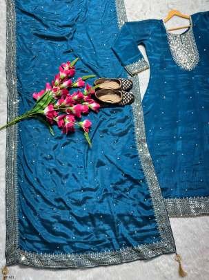 Blue Party Wear Chinon Silk Readymade Gown