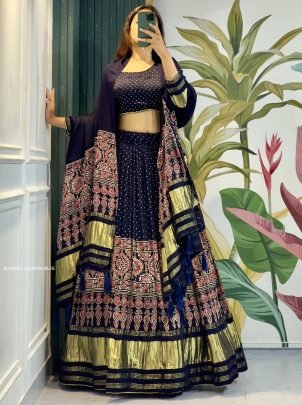  Blue Ravishing Gaji Silk Bandhej Lehenga For Navratri