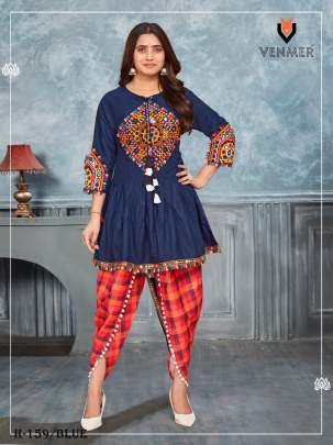 Blue Rayon Embroidered Kedia and Tulip Pants