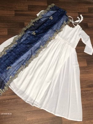 Blue Readymade Georgette Butti Gown With Dupatta