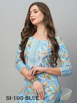 Blue Regular Wear Printed Soft Cotton Kurtis With Pant