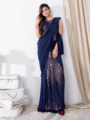 Blue Sequence Ready to Wear Saree with Broch and Frill Border 