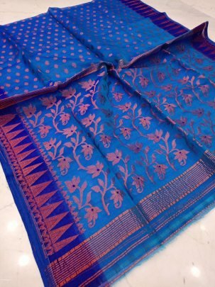 Blue Soft Pure Maslin Dhakai Jamdani Saree