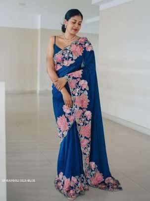 Blue Soft Rangoli Silk Embroidery Saree