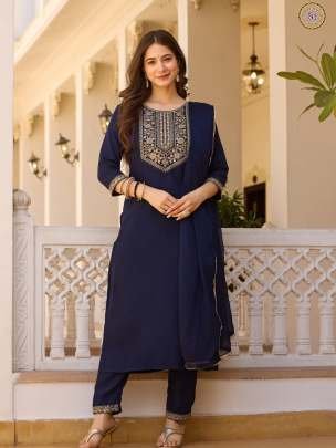 Blue Soft Rayon Embroidery Kurti With Matching Pant And Dupatta
