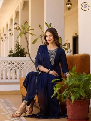 Blue Soft Rayon Embroidery Kurti With Matching Pant And Dupatta