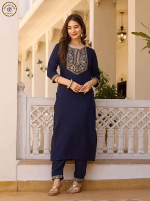 Blue Soft Rayon Embroidery Kurti With Matching Pant And Dupatta