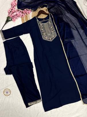 Blue Soft Rayon Embroidery Kurti With Matching Pant And Dupatta