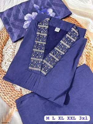Blue Superb Hand Work Pure Muslin Kurti Set