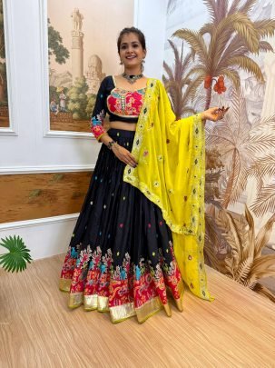 Bold Black Lehnega with Yellow Dupatta For Navratri