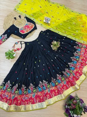 Bold Black Lehnega with Yellow Dupatta For Navratri